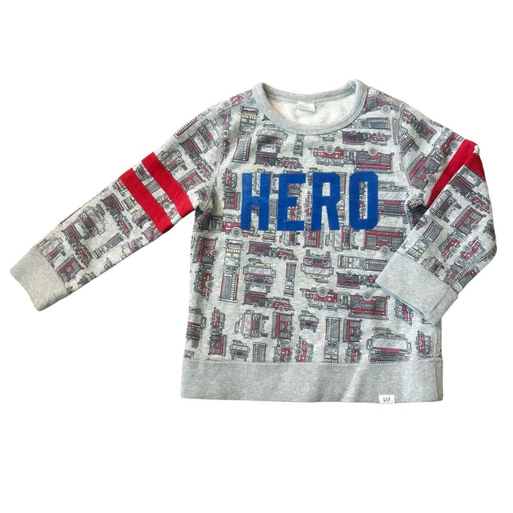 Gap Gray/Red/Blue Firetruck Print Hero Sweatshirt Boys Size 4 Years